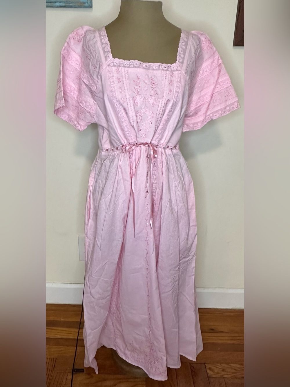The 1 for U Pink Eyelet Nightgown Dress Tie Waist 100% Cotton New with Tags NWT